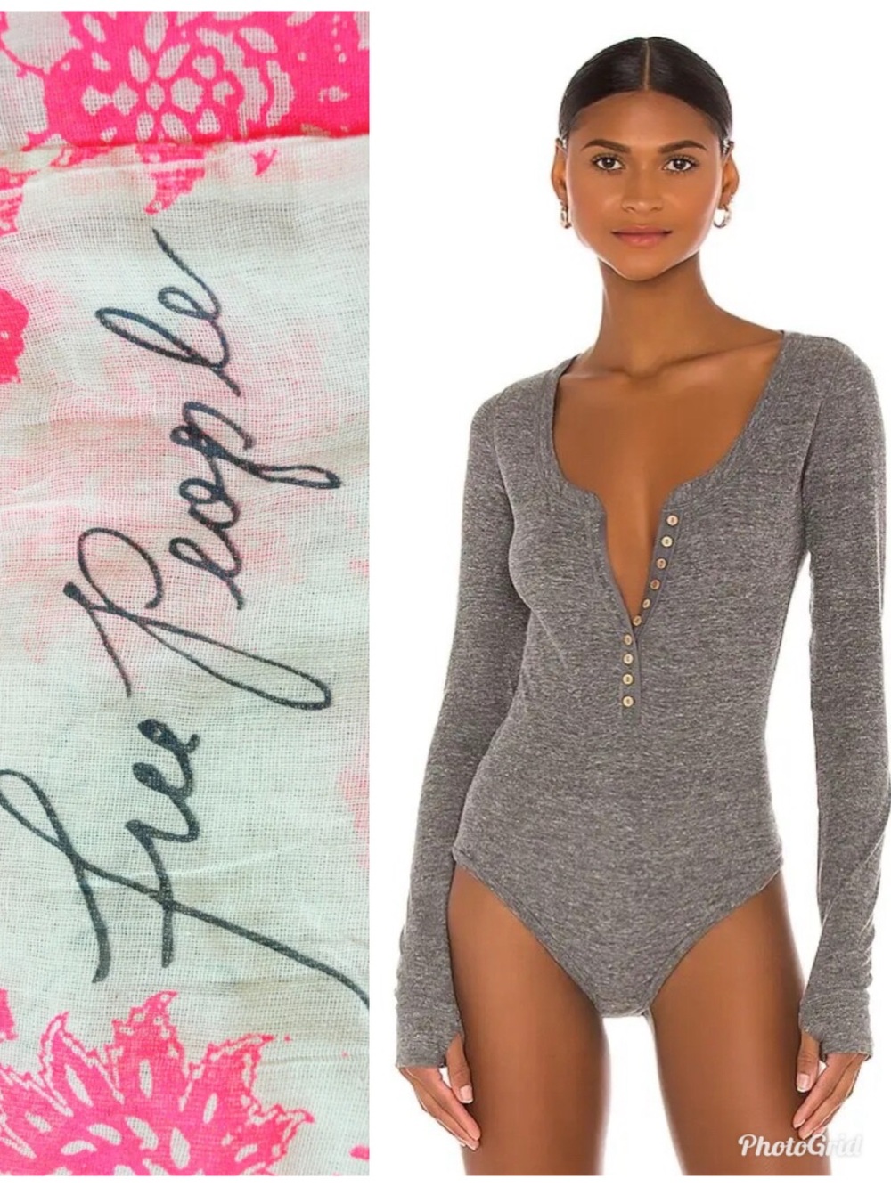 Free People Gray Long-Sleeve Henley Bodysuit